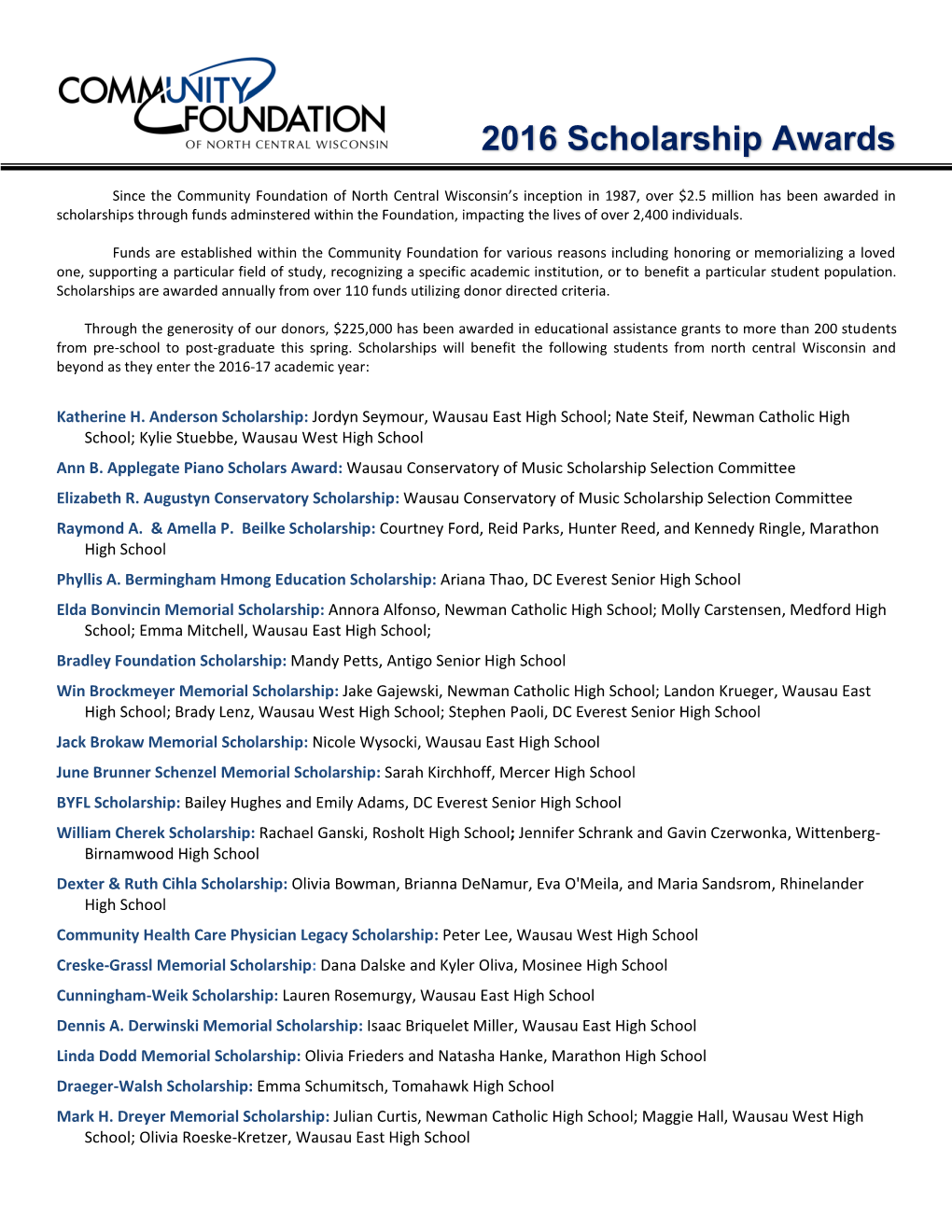 2016 Scholarship Awards