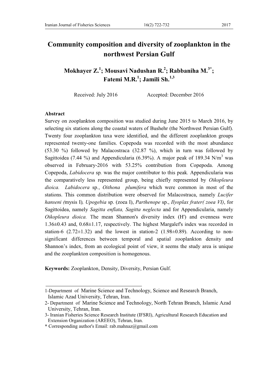 Community Composition and Diversity of Zooplankton in the Northwest Persian Gulf