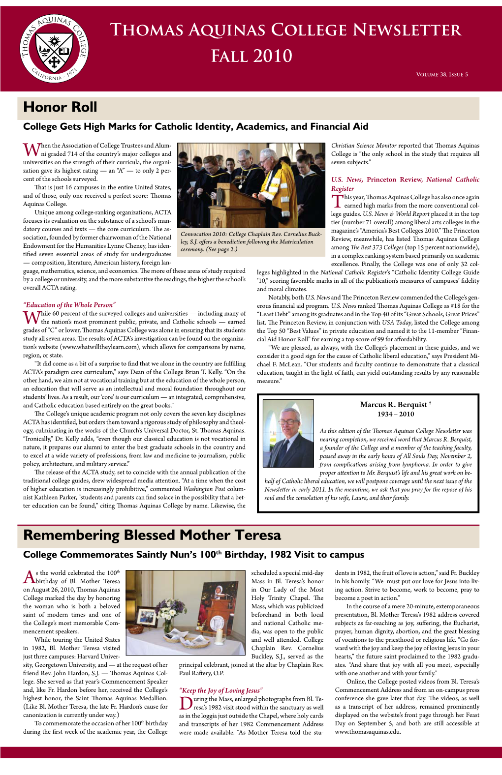 Thomas Aquinas College Newsletter Fall 2010