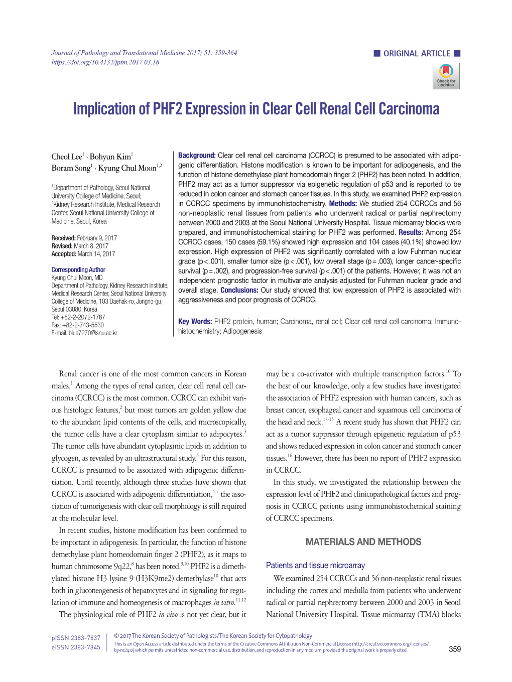 Implication of PHF2 Expression in Clear Cell Renal Cell Carcinoma