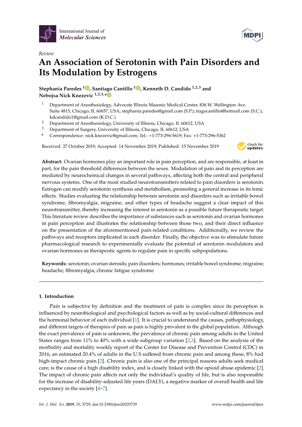 An Association of Serotonin with Pain Disorders and Its Modulation by Estrogens