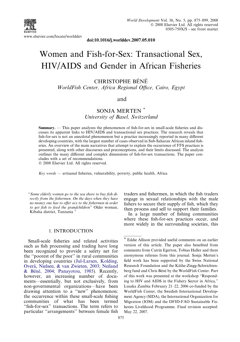 Women and Fish-For-Sex: Transactional Sex, HIV/AIDS and Gender in African Fisheries