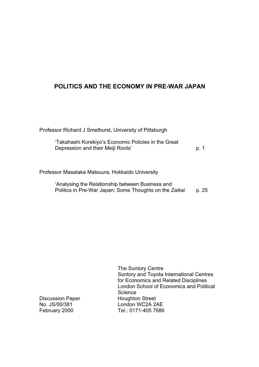 Politics and the Economy in Pre-War Japan