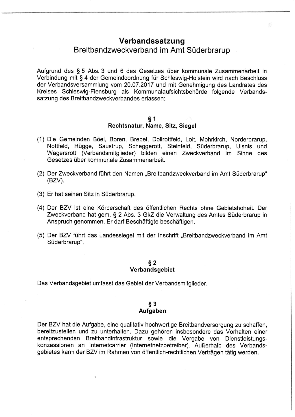 Verbandssatzung Breitbandzweckverband Im Amt Süderbrarup