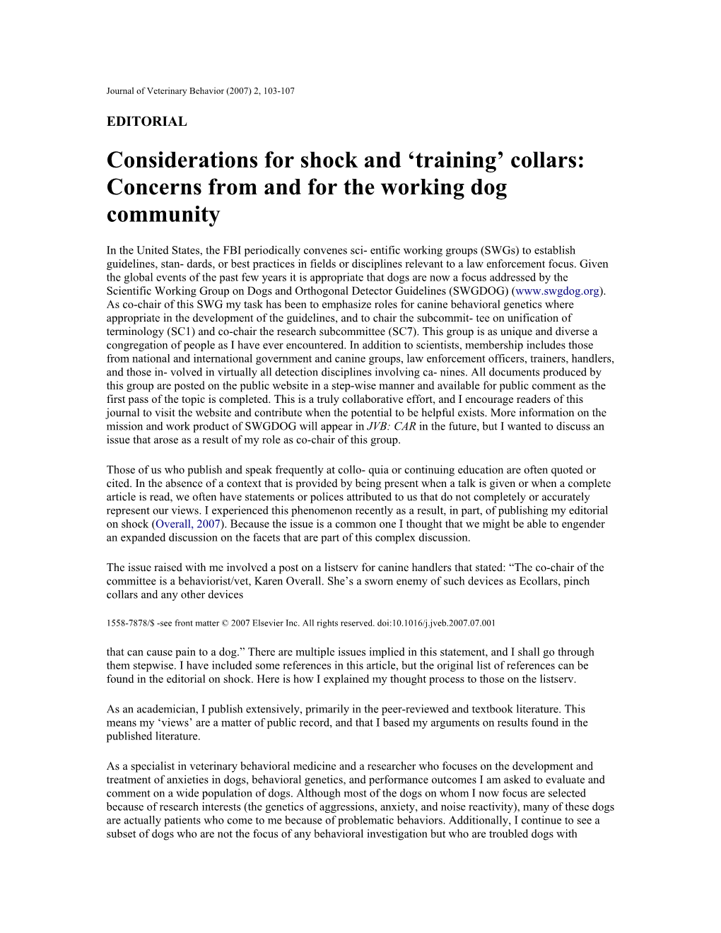 Considerations for Shock and 'Training' Collars: Concerns from And