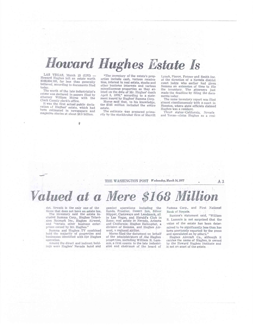 Howard Hughes Estate Is Valued at a Mere $168 Million