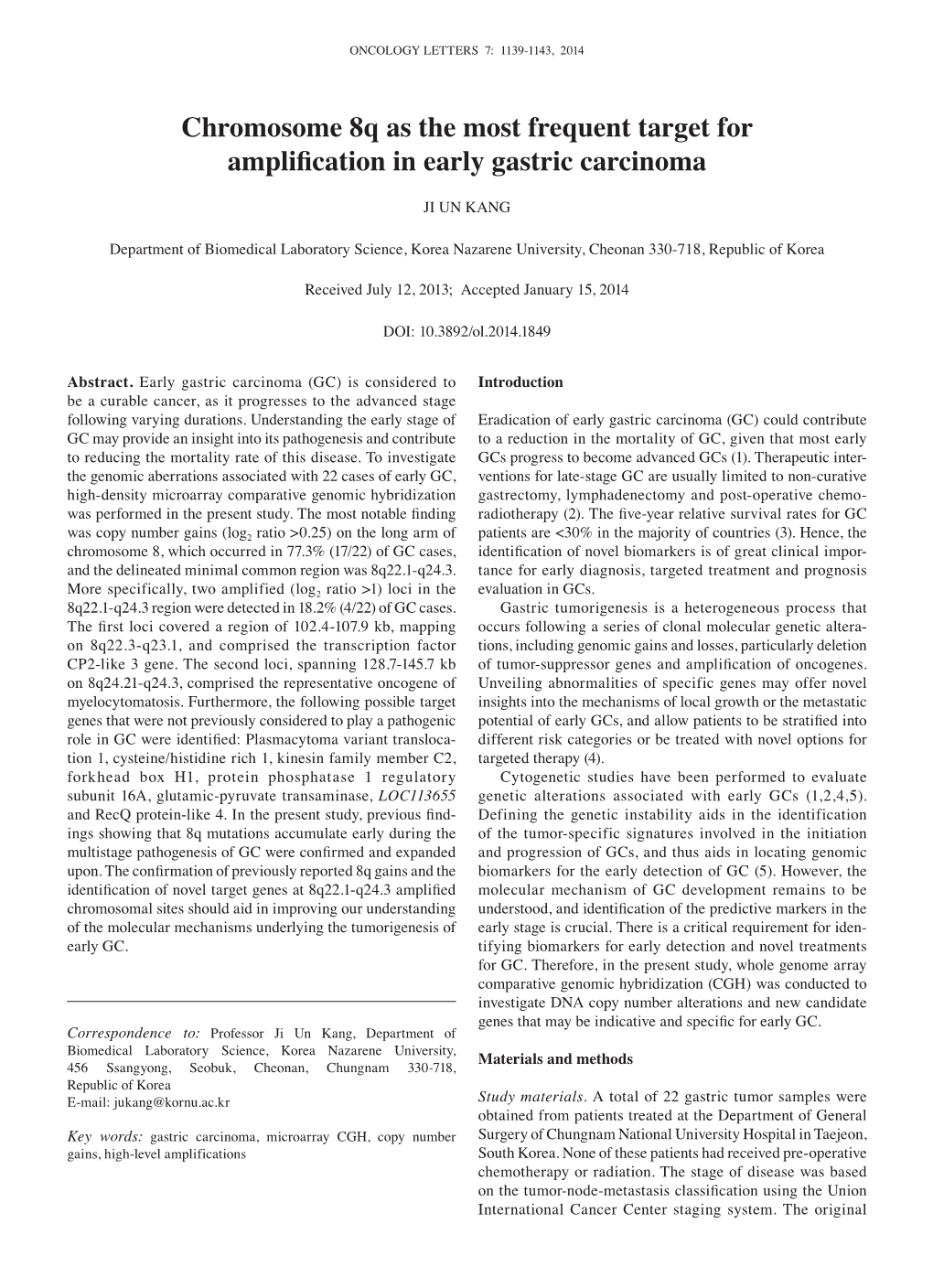 Chromosome 8Q As the Most Frequent Target for Amplification in Early Gastric Carcinoma