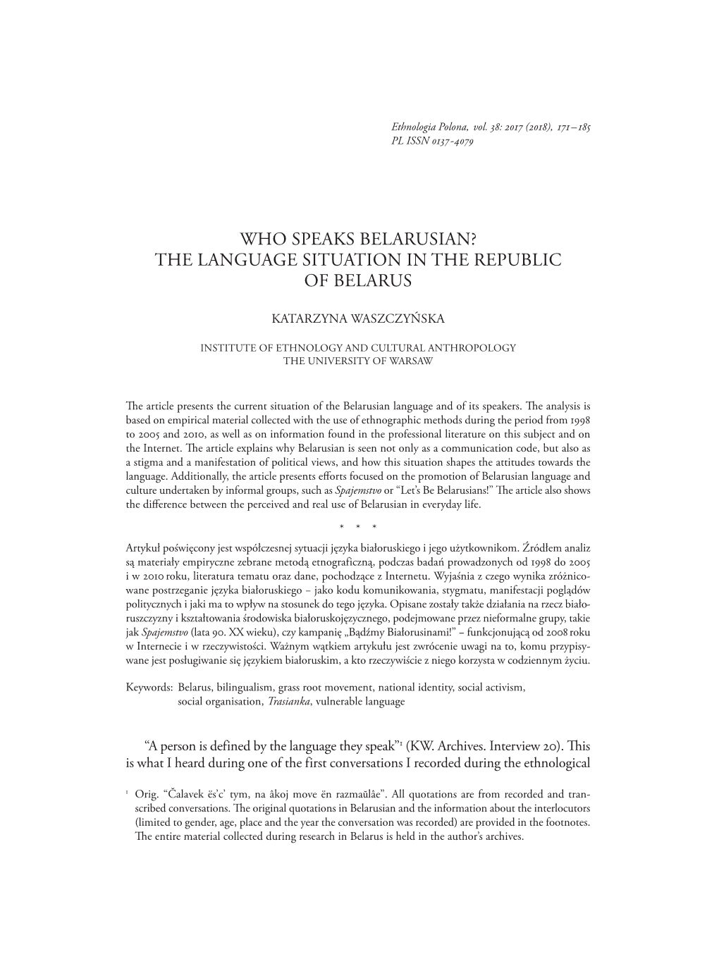 Who Speaks Belarusian? the Language Situation in the Republic of Belarus