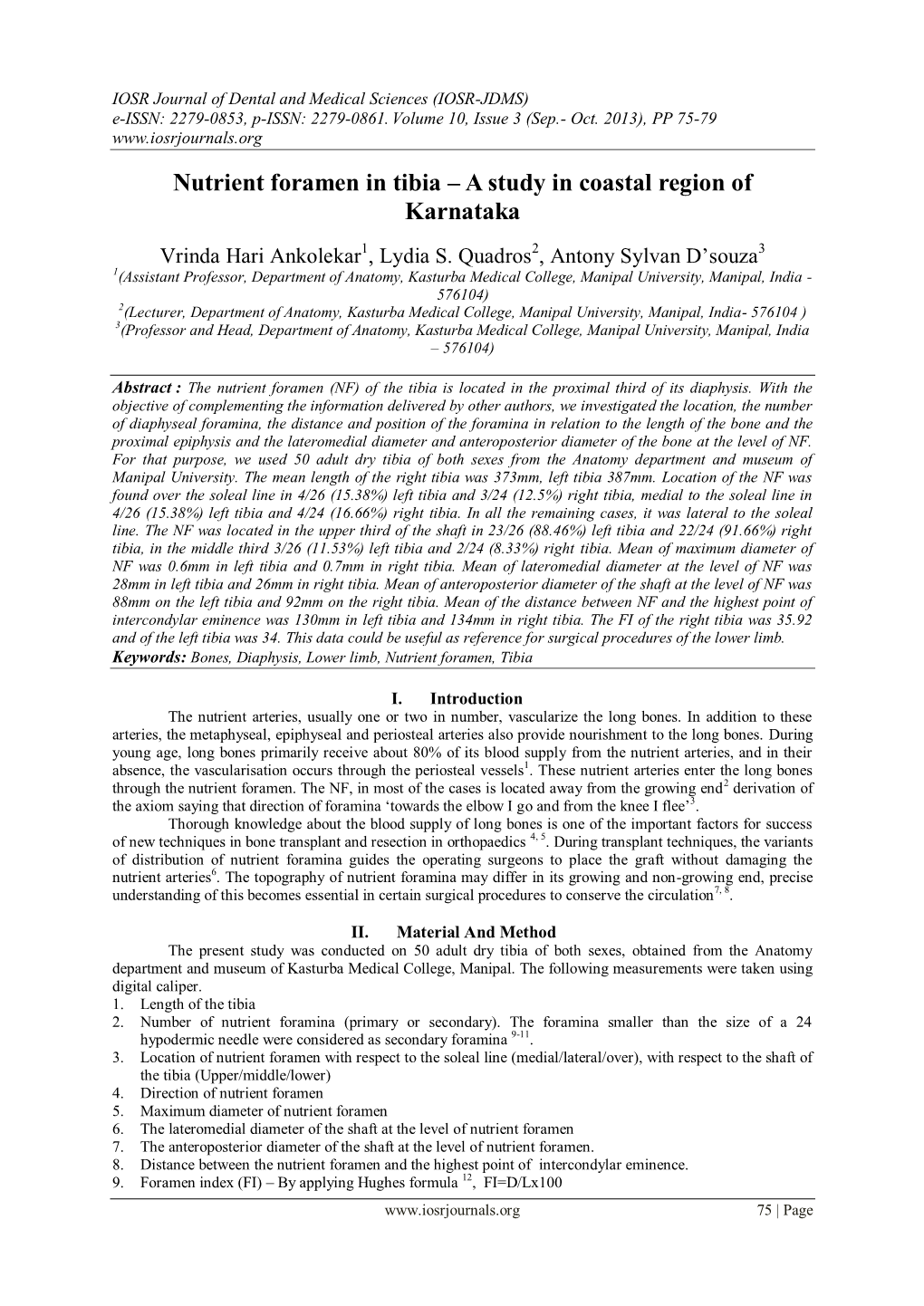 Nutrient Foramen in Tibia – a Study in Coastal Region of Karnataka