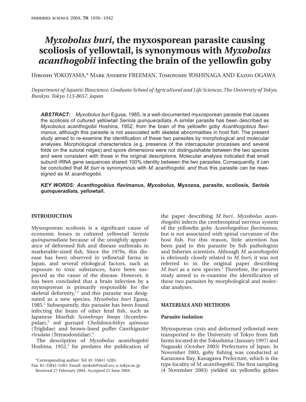 Myxobolus Buri, the Myxosporean Parasite Causing Scoliosis of Yellowtail, Is Synonymous with Myxobolus Acanthogobii Infecting the Brain of the Yellowﬁn Goby