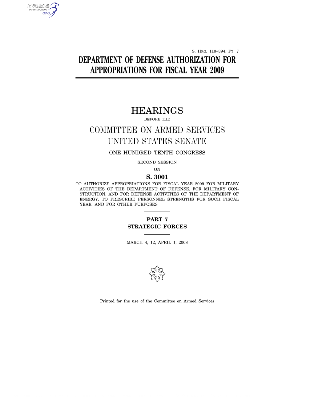 Department of Defense Authorization for Appropriations for Fiscal Year 2009