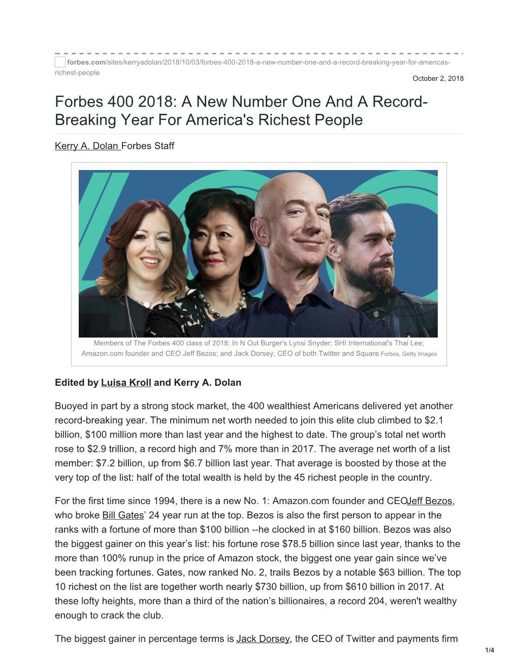 Forbes 400 2018: a New Number One and a Record- Breaking Year for America's Richest People