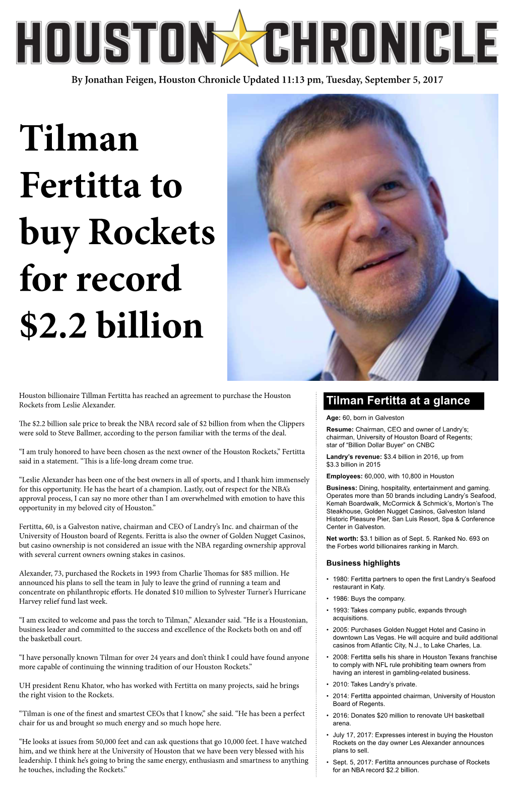 Tilman Fertitta to Buy Rockets for Record $2.2 Billion