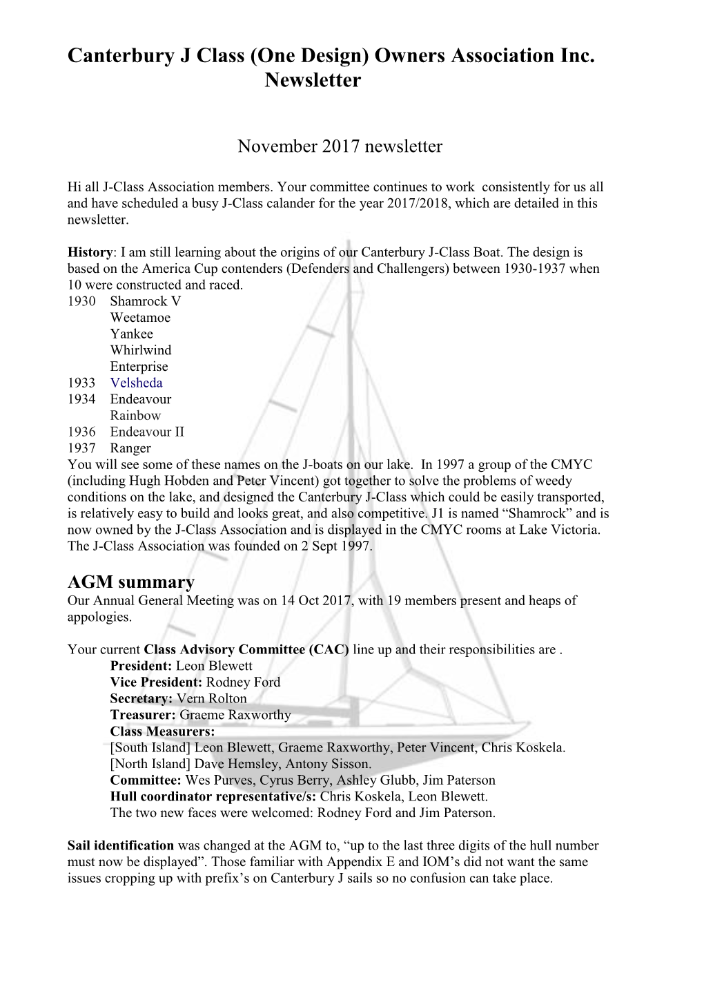 Canterbury J Class Owners Association Newsletter