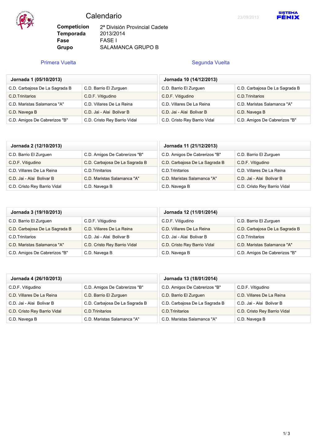 Calendario 23/09/2013 Competicion 2ª División Provincial Cadete Temporada 2013/2014 Fase FASE I Grupo SALAMANCA GRUPO B