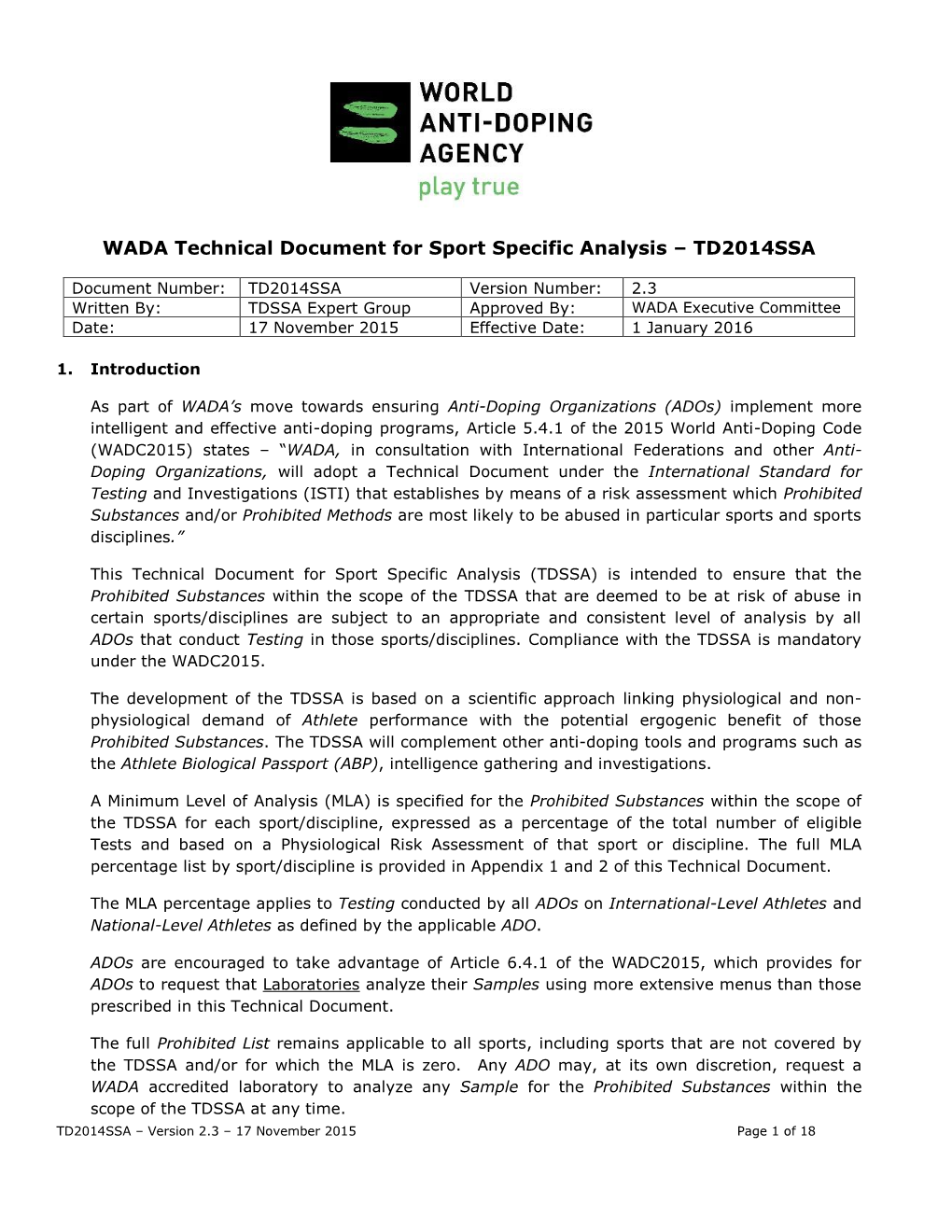 WADA Technical Document for Sport Specific Analysis – TD2014SSA