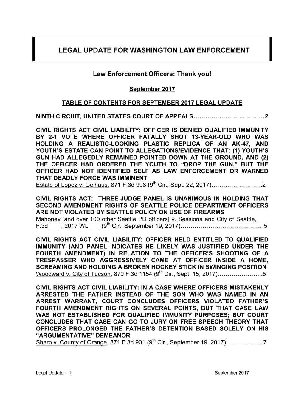 Legal Update for Washington Law Enforcement