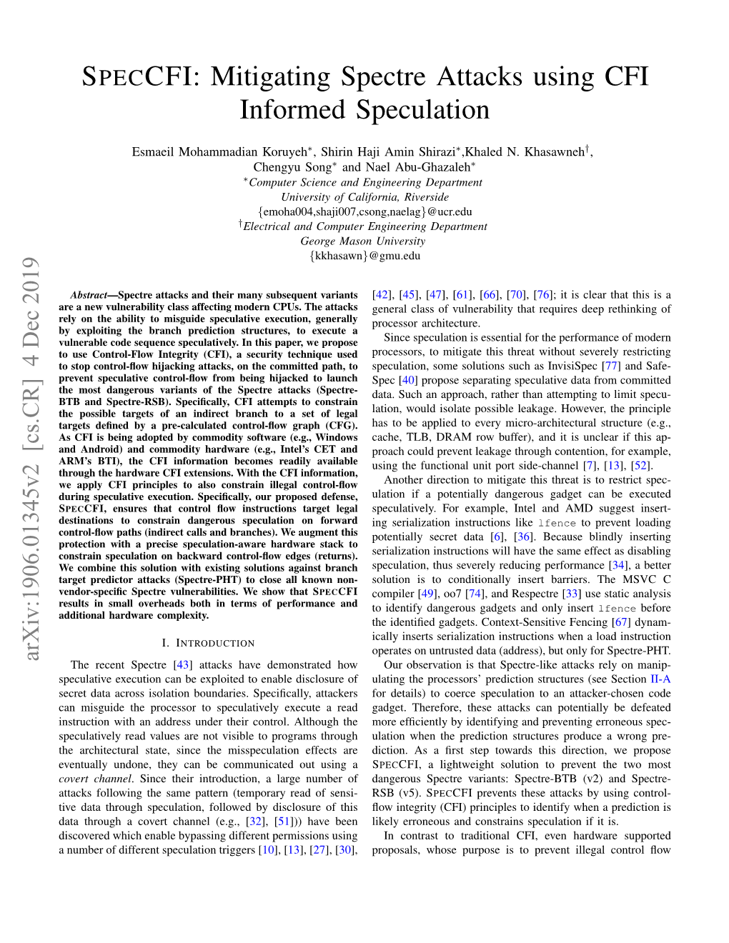 SPECCFI: Mitigating Spectre Attacks Using CFI Informed Speculation