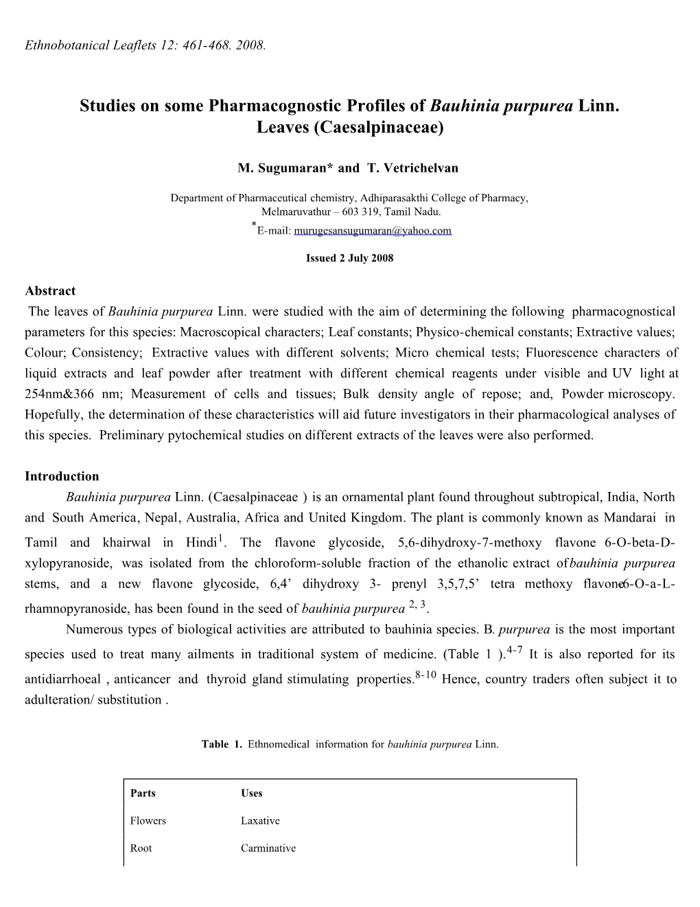 Studies on Some Pharmacognostic Profiles of Bauhinia Purpurea Linn