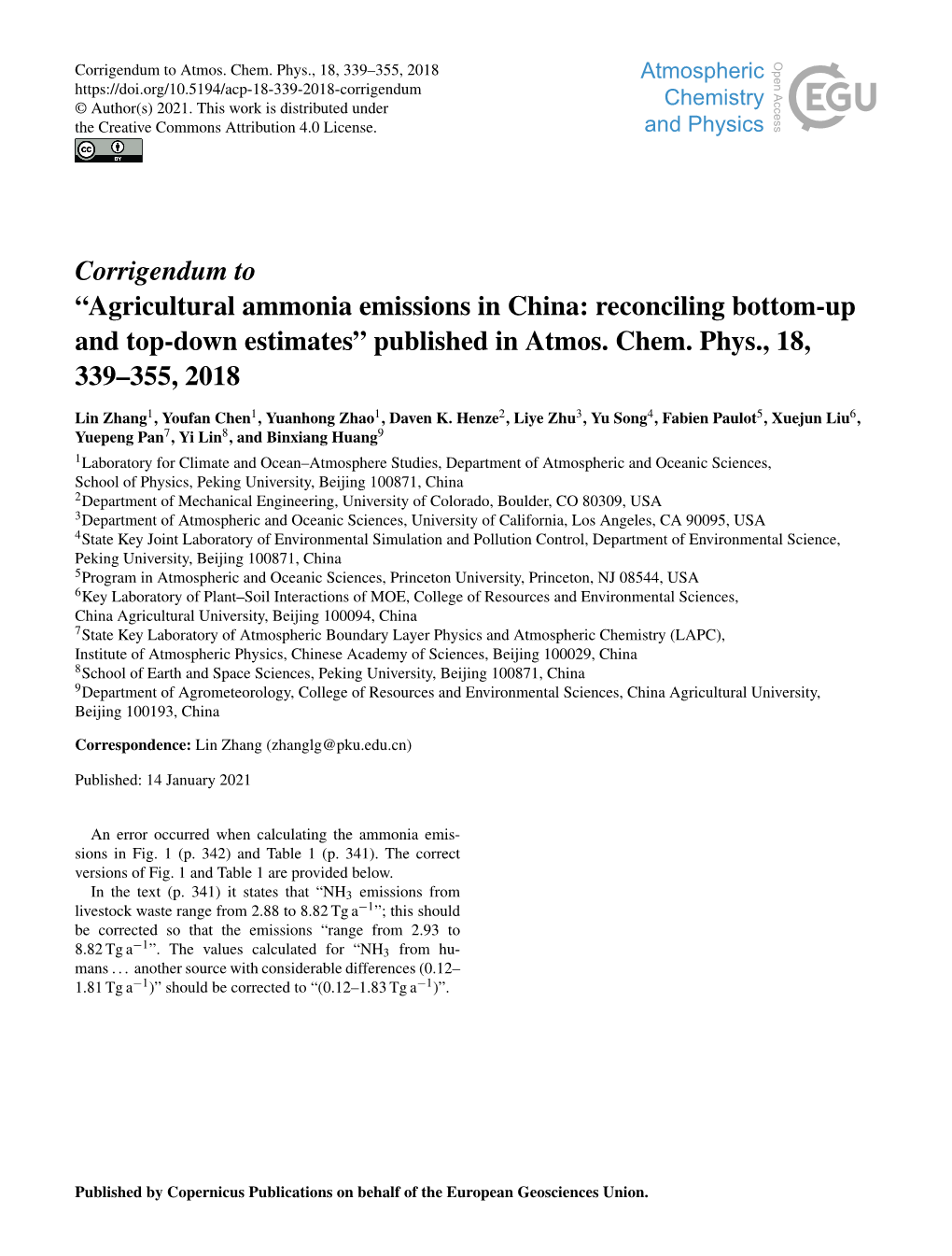 Corrigendum to “Agricultural Ammonia Emissions in China: Reconciling Bottom-Up and Top-Down Estimates” Published in Atmos