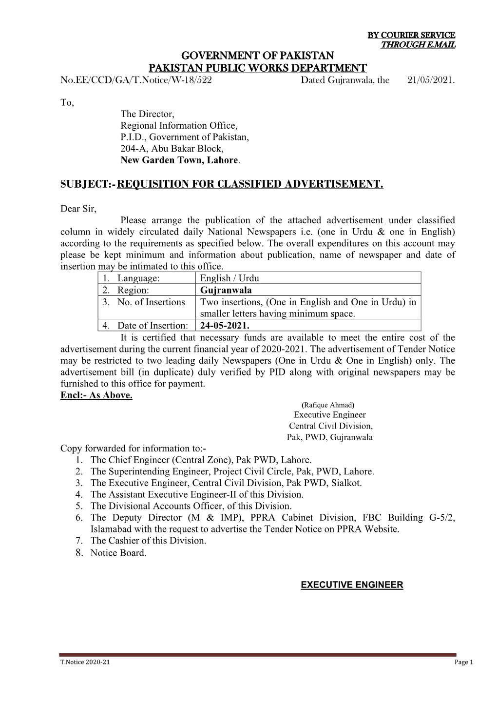 GOVERNMENT of PAKISTAN PAKISTAN PUBLIC WORKS DEPARTMENT No.EE/CCD/GA/T.Notice/W-18/522 Dated Gujranwala, the 21/05/2021