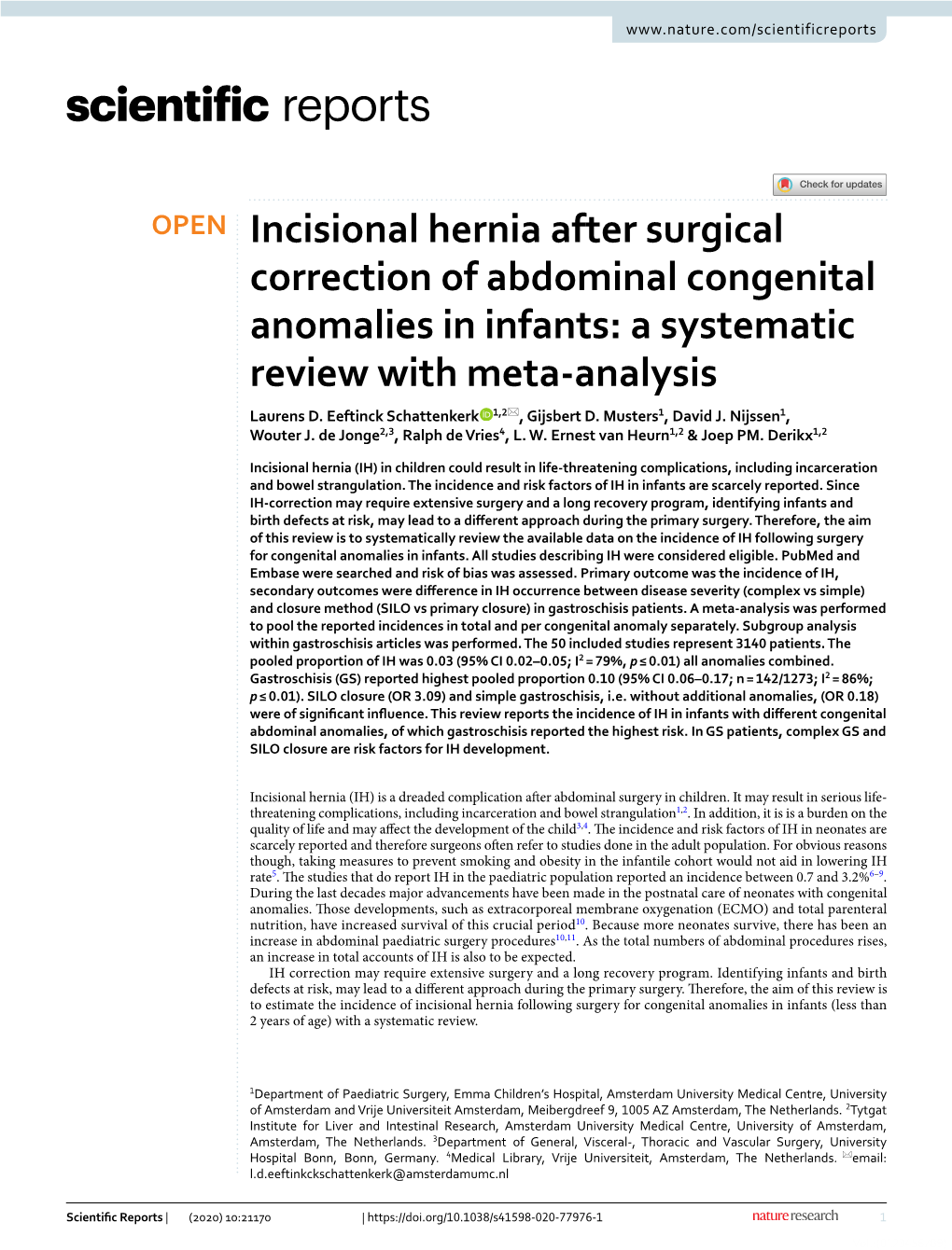 Incisional Hernia After Surgical Correction of Abdominal Congenital Anomalies in Infants: a Systematic Review with Meta‑Analysis Laurens D