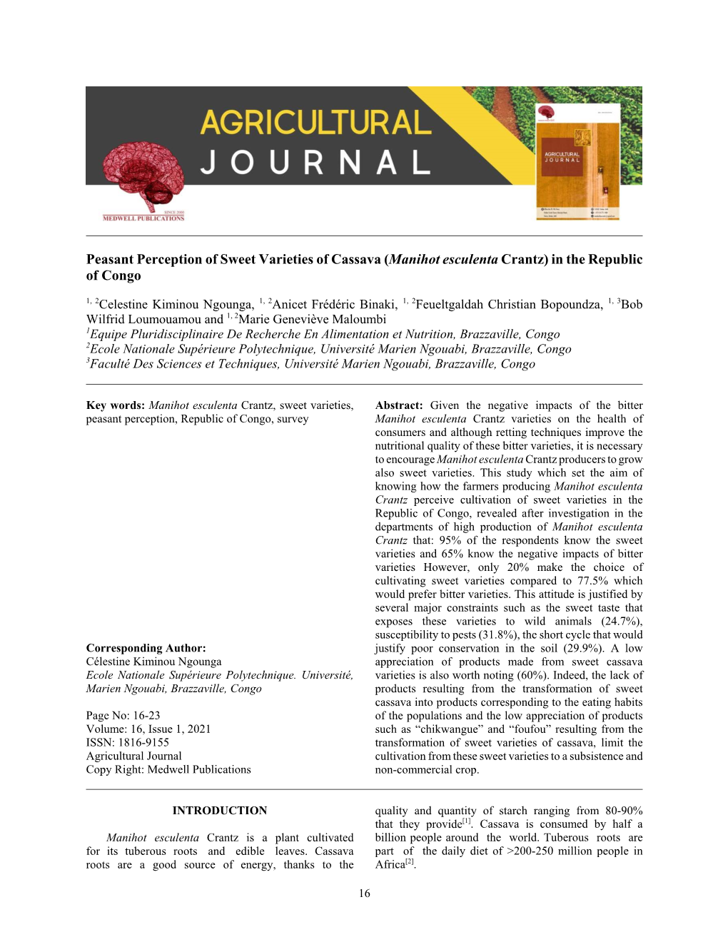 Peasant Perception of Sweet Varieties of Cassava (Manihot Esculenta Crantz) in the Republic of Congo