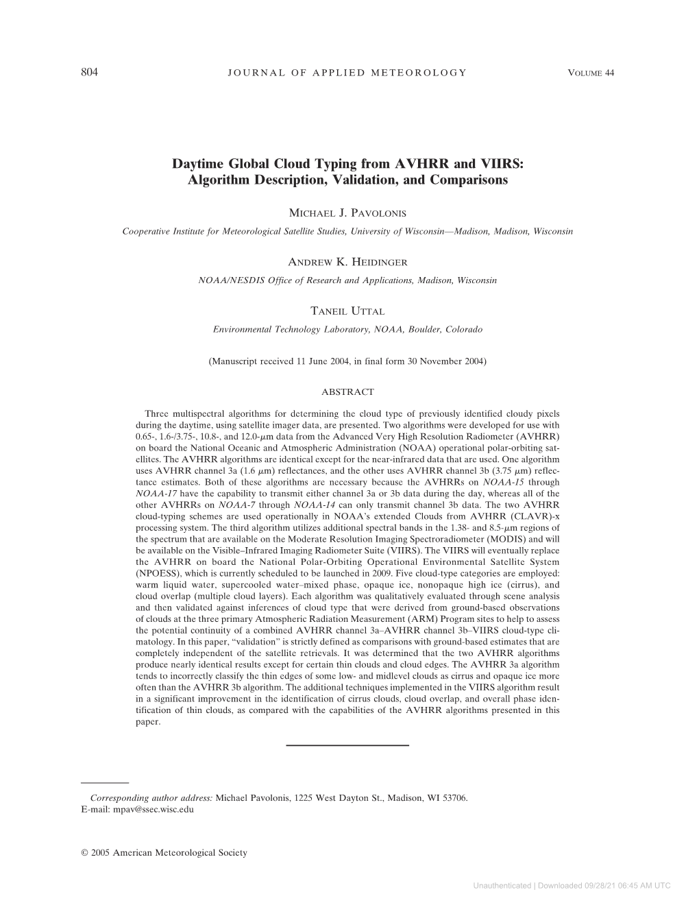 Daytime Global Cloud Typing from AVHRR and VIIRS: Algorithm Description, Validation, and Comparisons