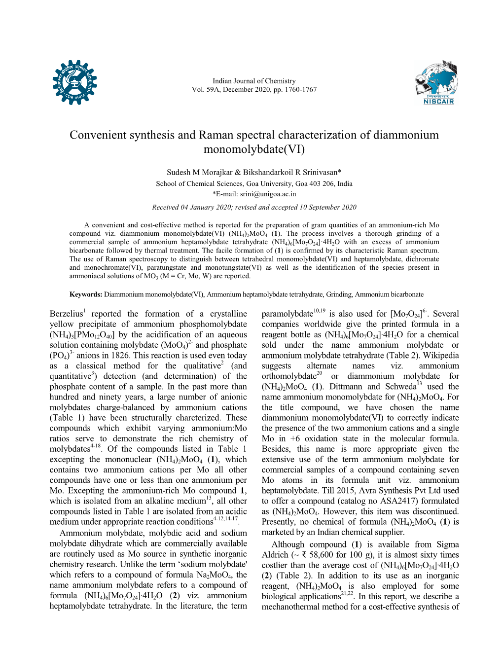 Convenient Synthesis and Raman Spectral Characterization of Diammonium Monomolybdate(VI)