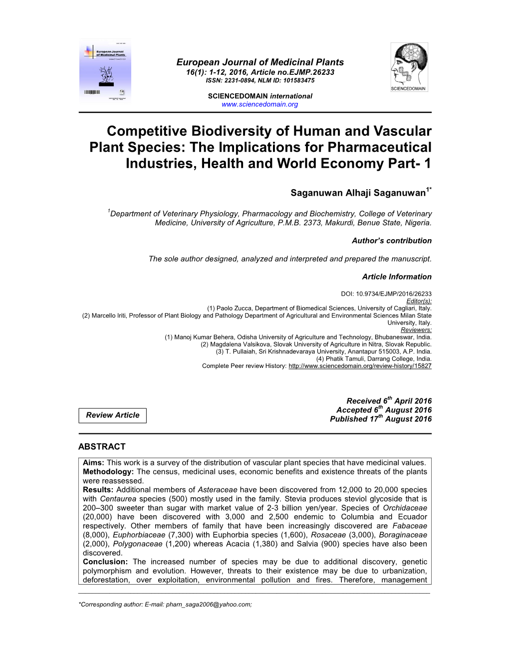 Competitive Biodiversity of Human and Vascular Plant Species: the Implications for Pharmaceutical Industries, Health and World Economy Part- 1