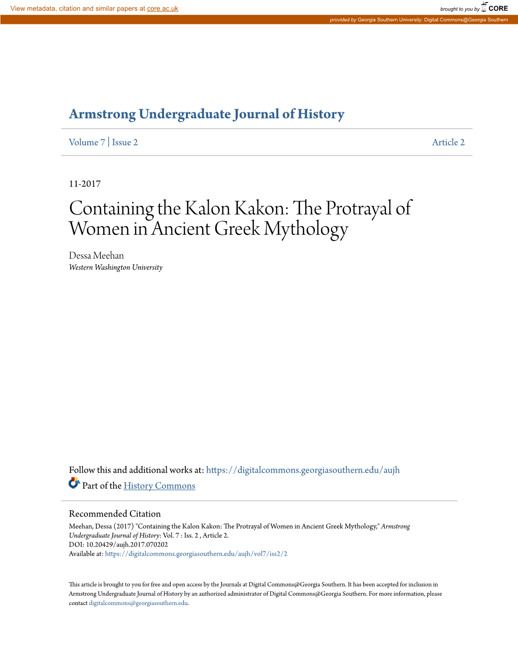 Containing the Kalon Kakon: the Protrayal of Women in Ancient