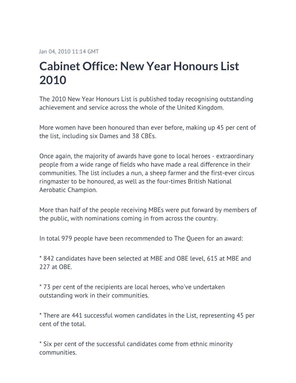 Cabinet Office: New Year Honours List 2010