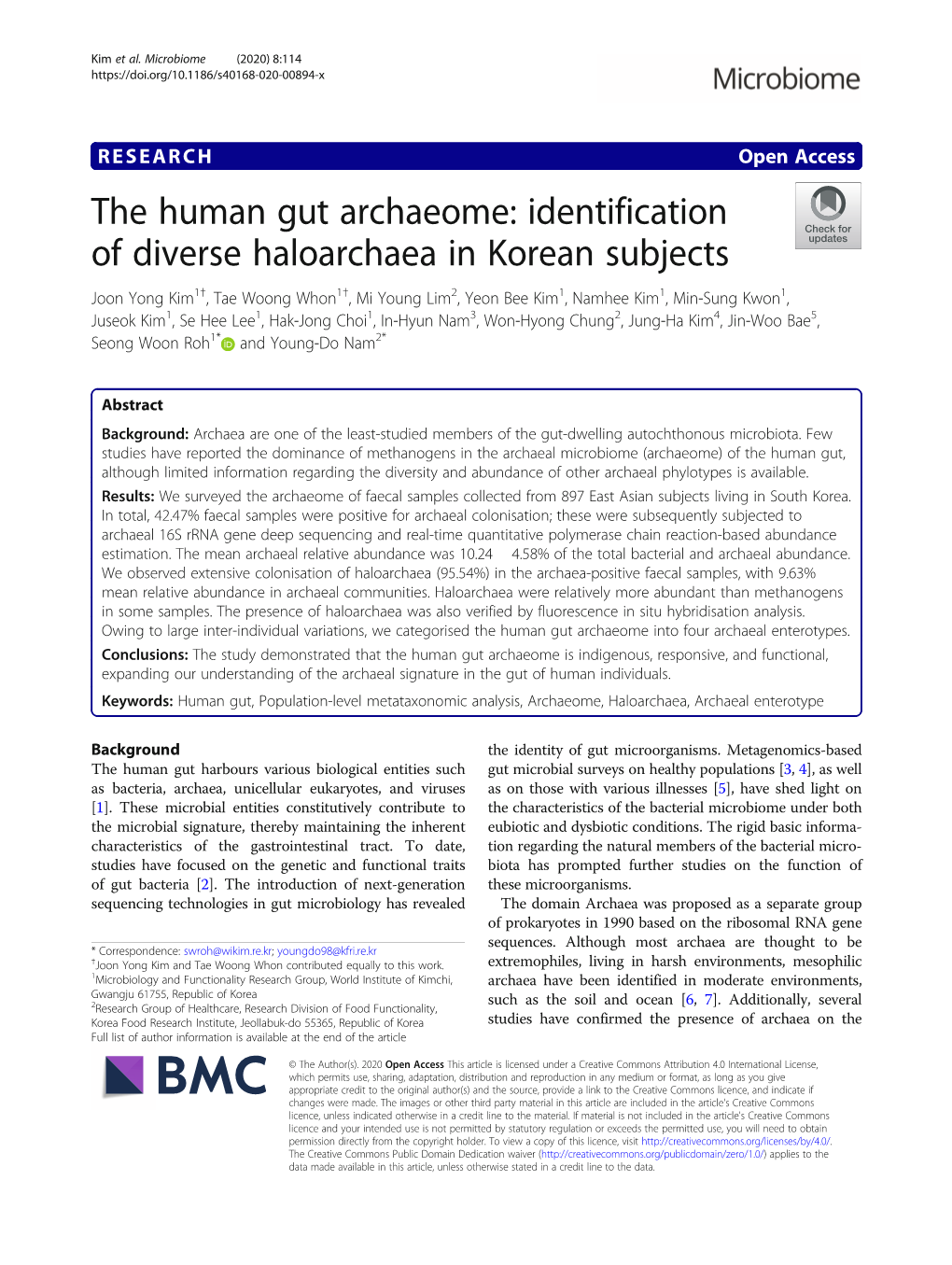 The Human Gut Archaeome: Identification of Diverse Haloarchaea in Korean Subjects