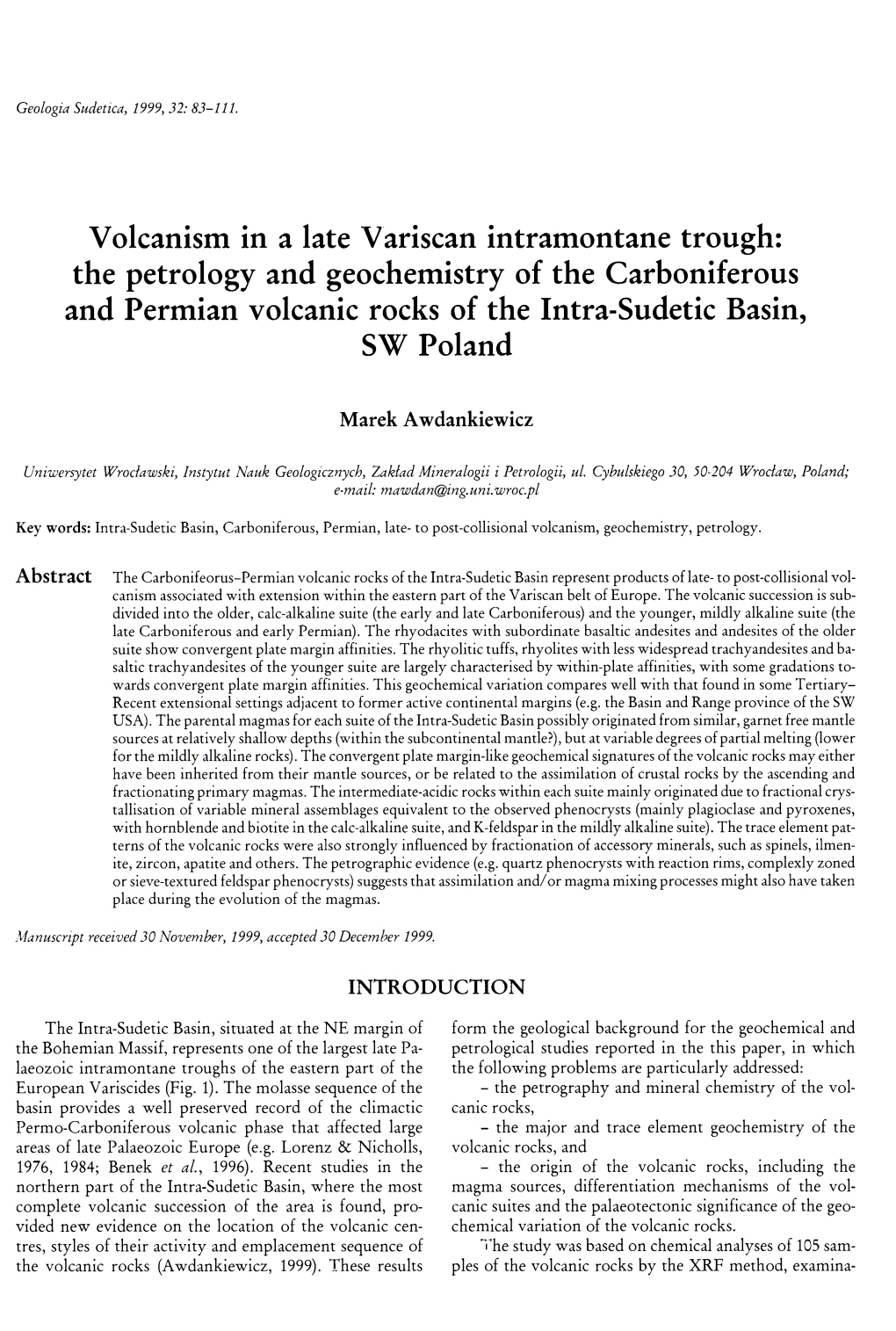 The Petrology and Geochemistry of the Carboniferous and Permian Volcanic Rocks of the Intra-Sudetic Basin, SW Poland