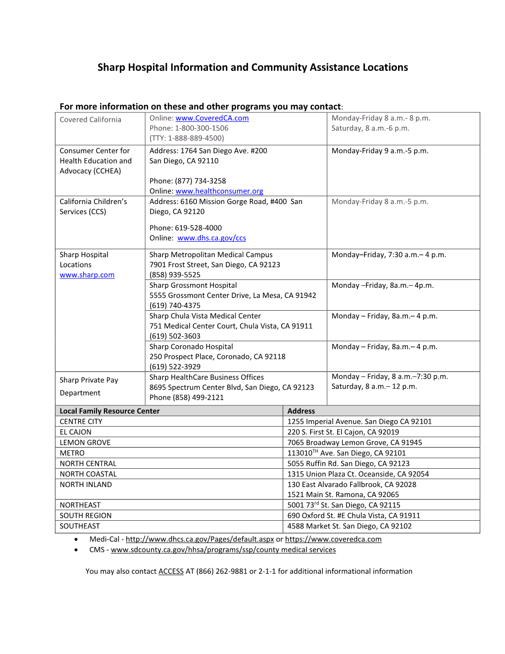 Sharp Hospital Information and Community Assistance Locations