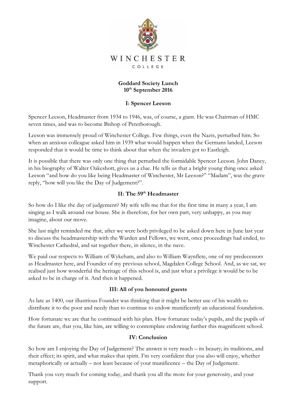 Goddard Society Lunch 10Th September 2016 I: Spencer Leeson Spencer Leeson, Headmaster from 1934 to 1946, Was, of Course, a Gian