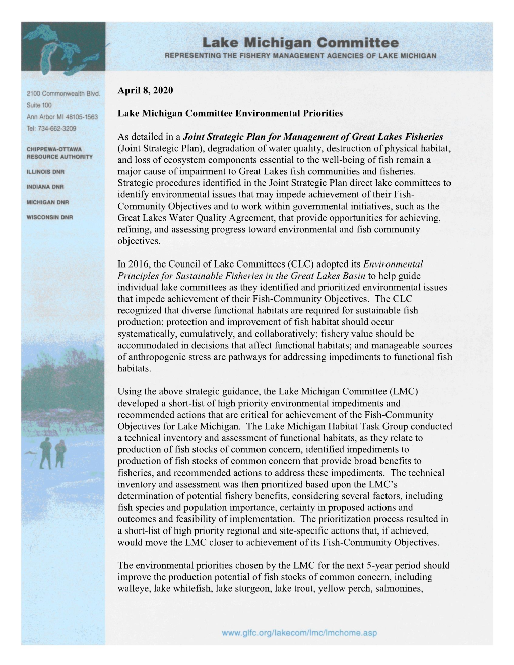 April 8, 2020 Lake Michigan Committee Environmental Priorities