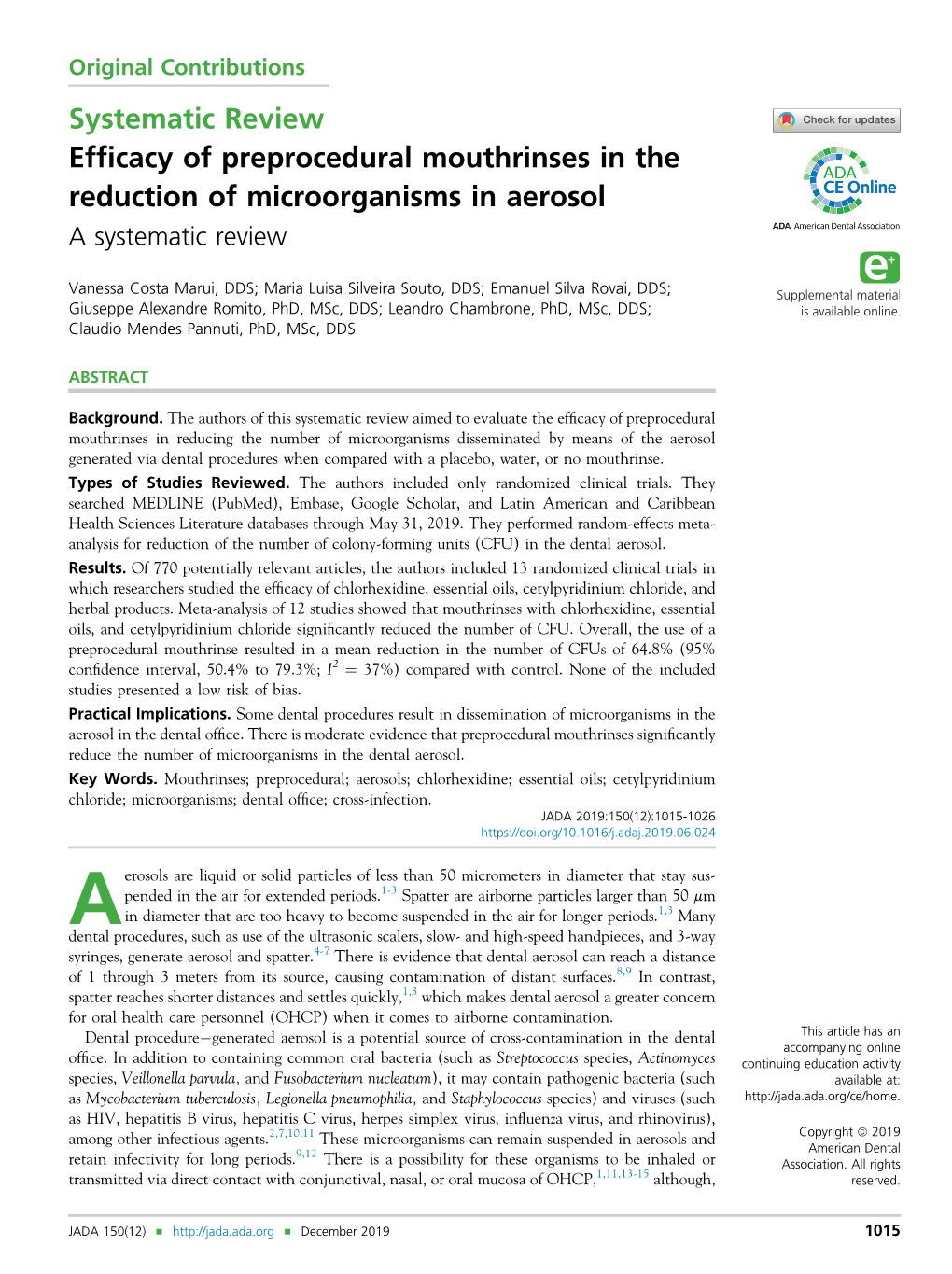 Efficacy of Preprocedural Mouthrinses in the Reduction of Microorganisms in Aerosol