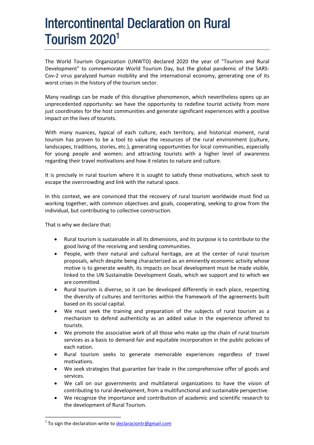 Intercontinental Declaration on Rural Tourism 20201