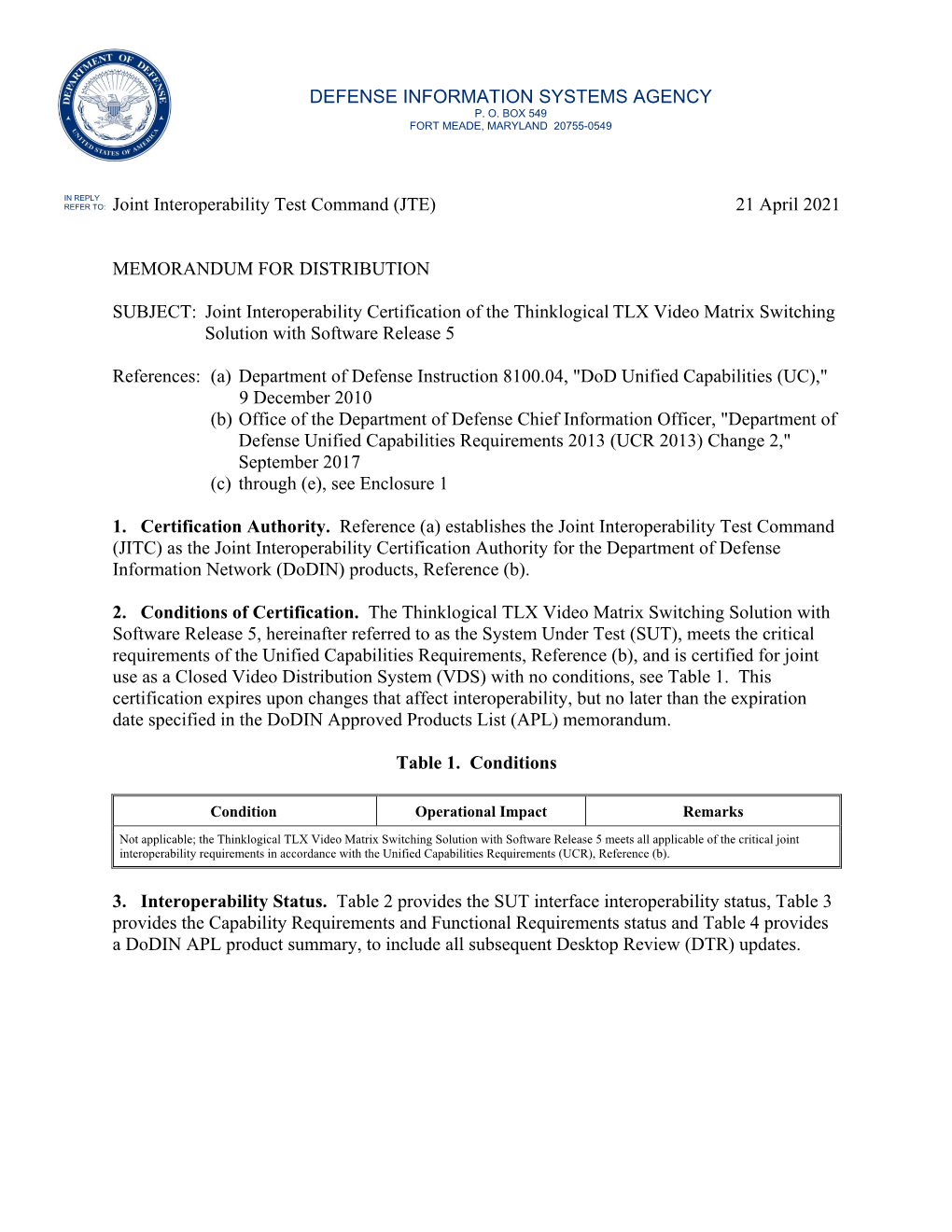 Joint Interoperability Test Command (JTE) 21 April 2021
