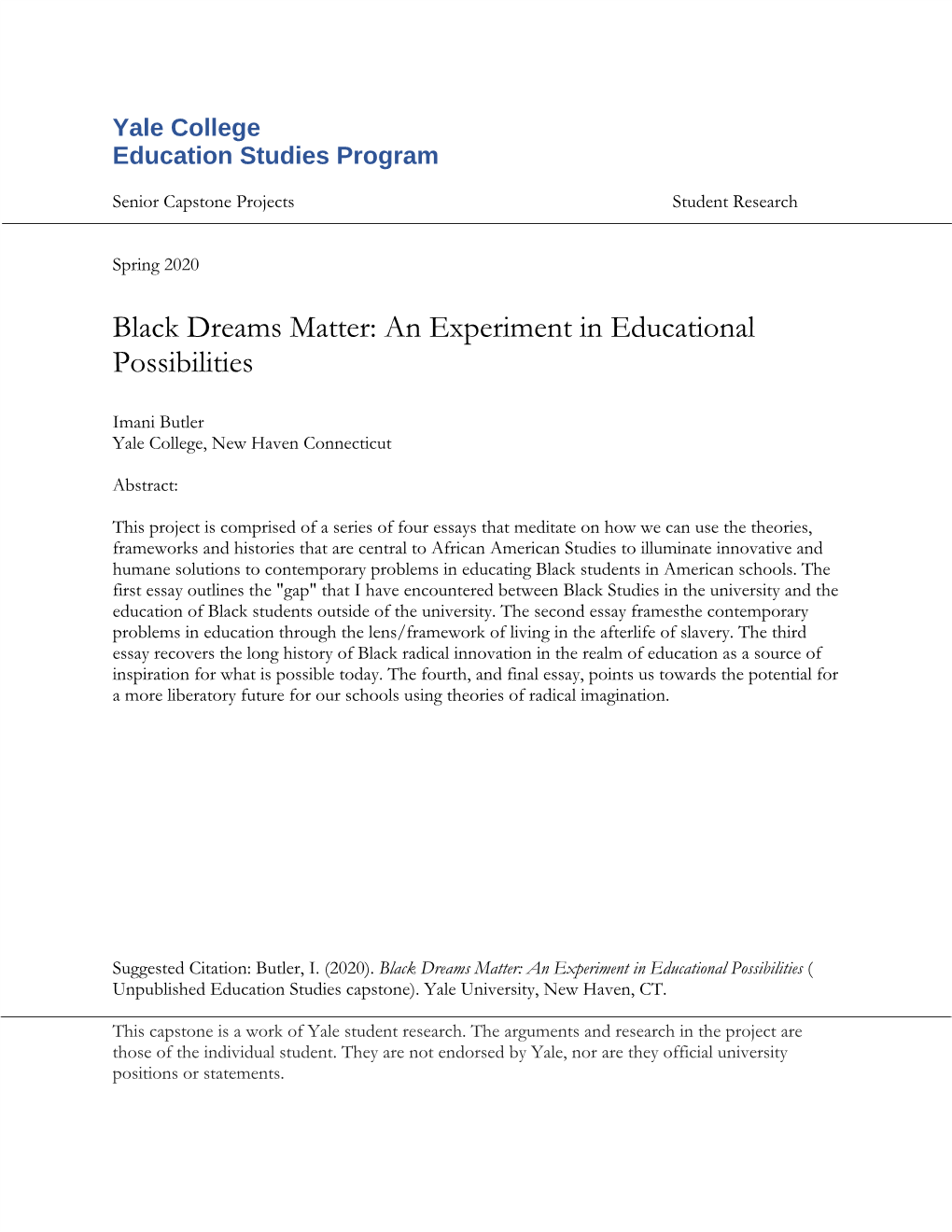 Black Dreams Matter: an Experiment in Educational Possibilities