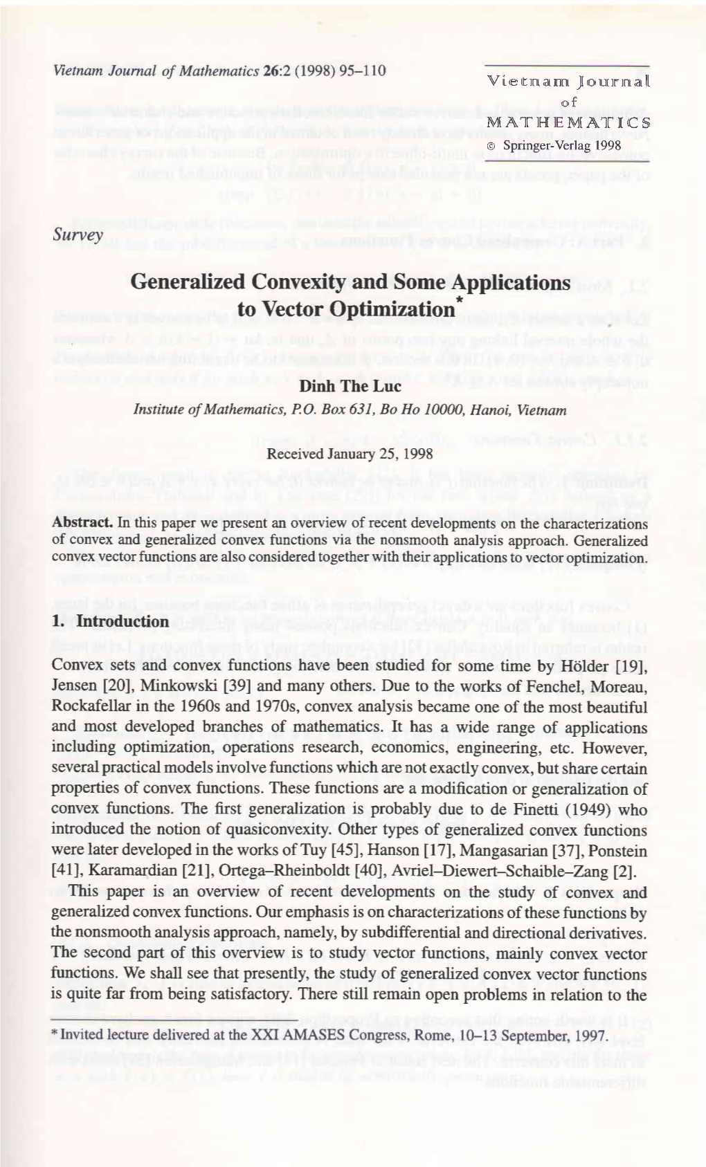 Generalized Convexity and Some Applications to Vector Optimization*