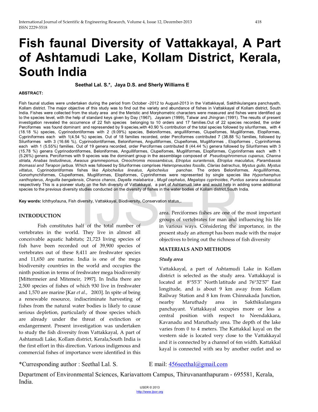 Fish Faunal Diversity of Vattakkayal, a Part of Ashtamudi Lake, Kollam District, Kerala, South India Seethal Lal