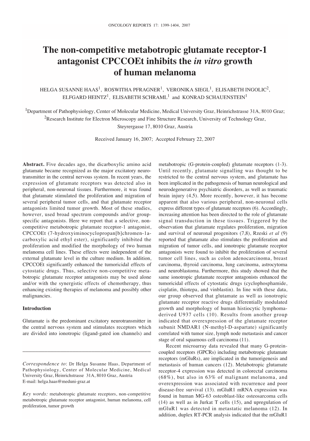 The Non-Competitive Metabotropic Glutamate Receptor-1 Antagonist Cpccoet Inhibits the in Vitro Growth of Human Melanoma