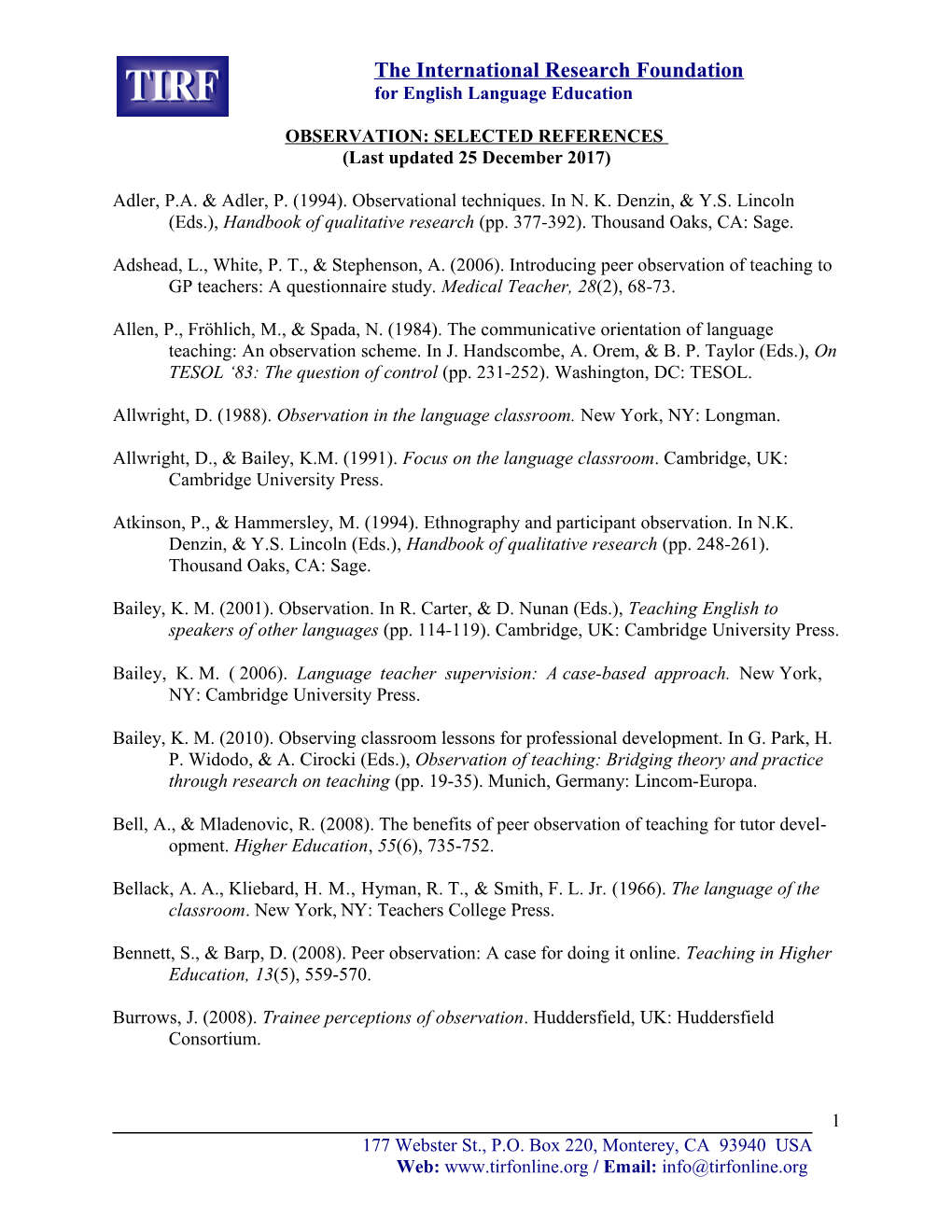 Observation Selected Reference List s1