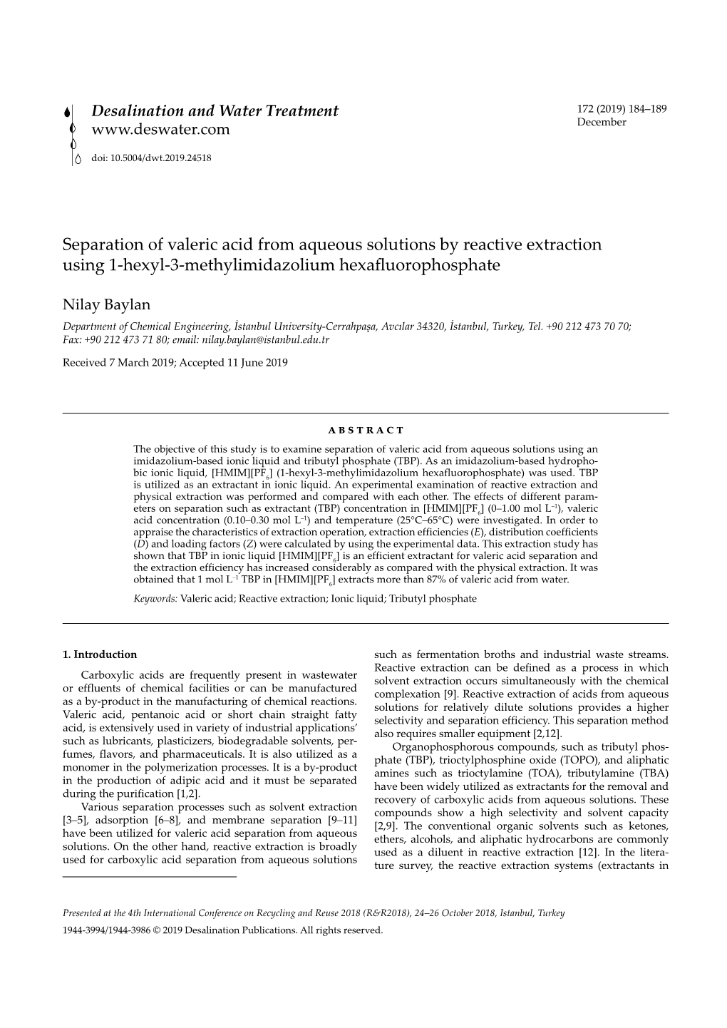 Separation of Valeric Acid from Aqueous Solutions by Reactive Extraction Using 1-Hexyl-3-Methylimidazolium Hexafluorophosphate