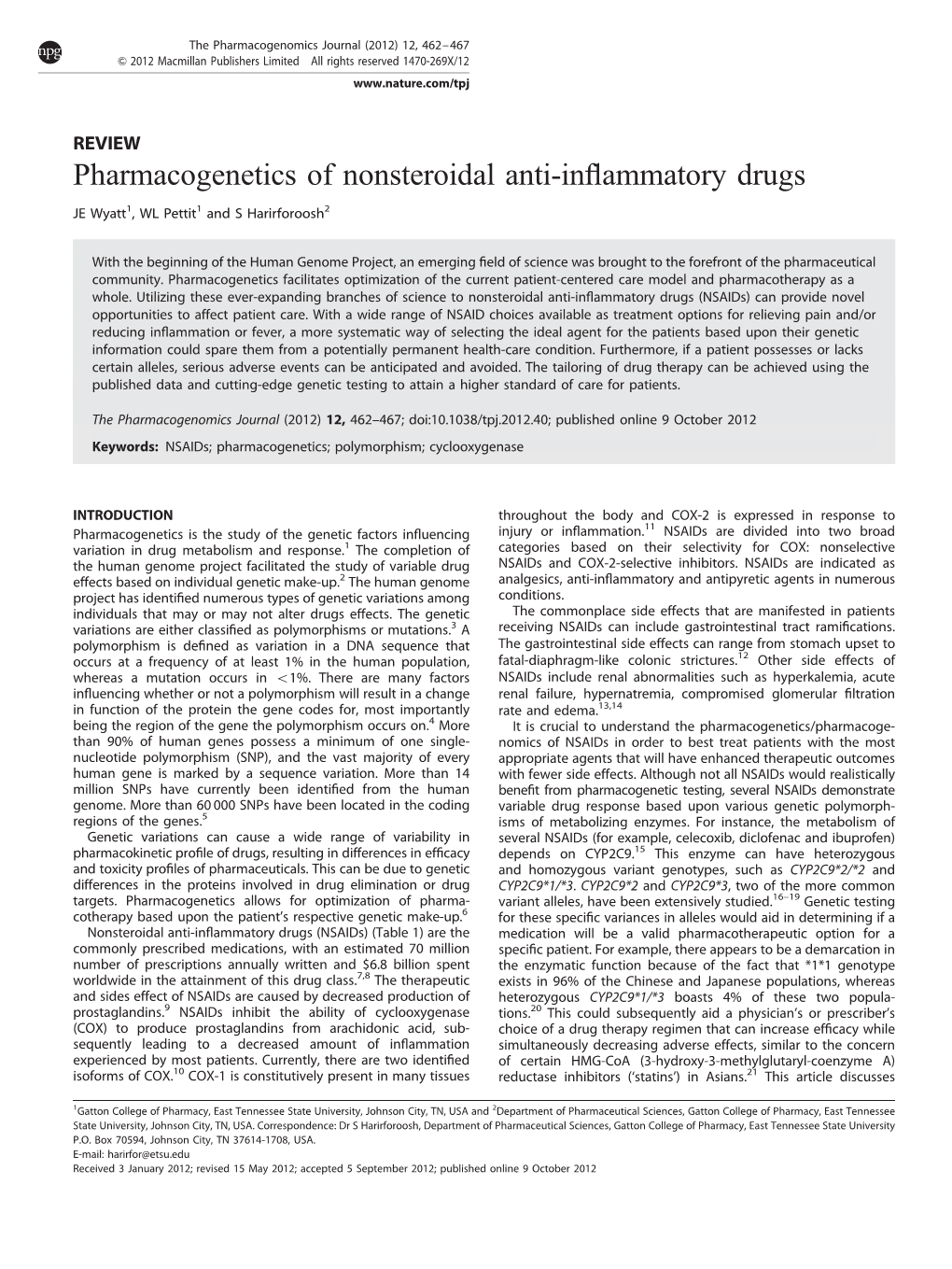 Pharmacogenetics of Nonsteroidal Anti-Inflammatory Drugs