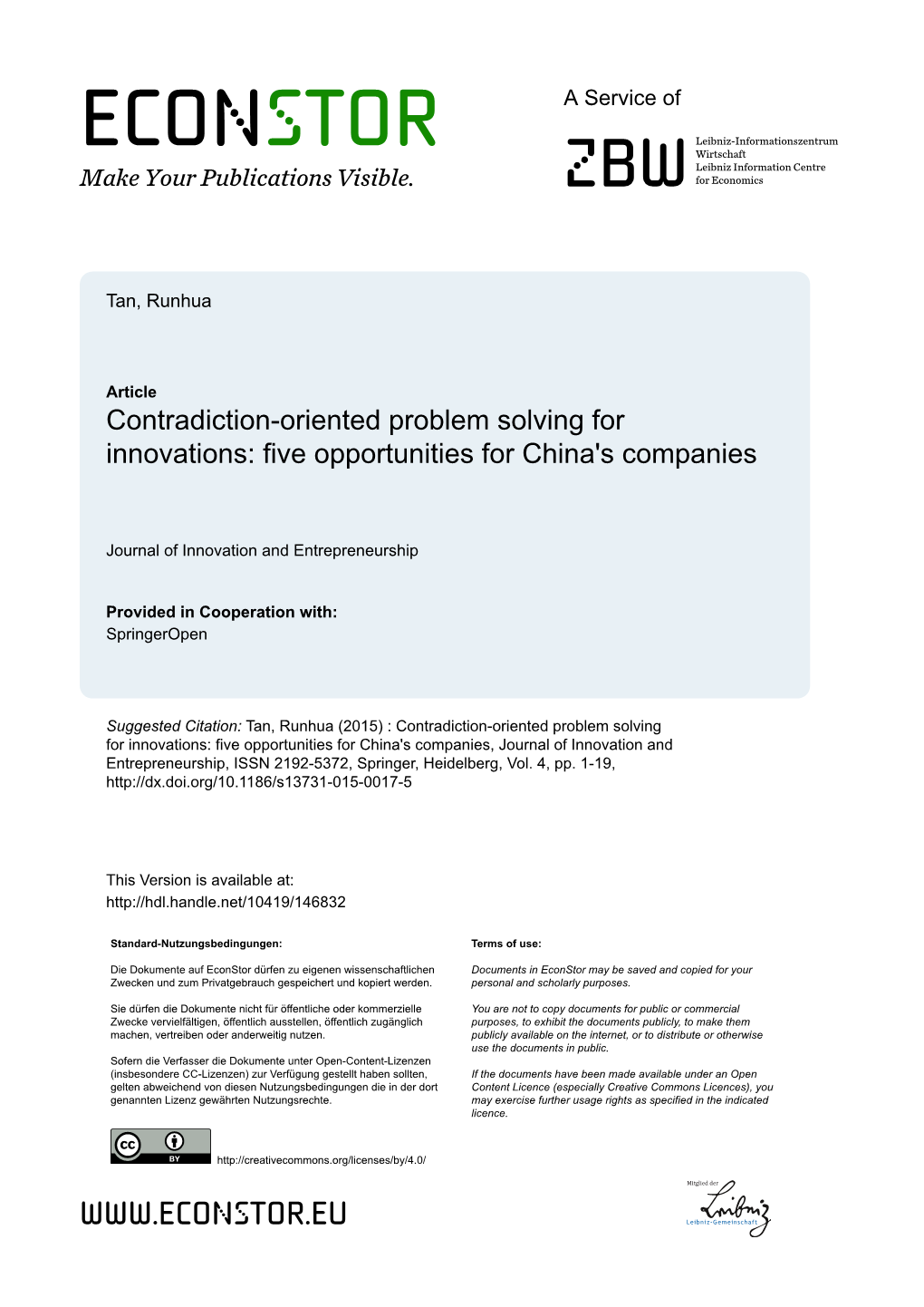 Contradiction-Oriented Problem Solving for Innovations: Five Opportunities for China's Companies