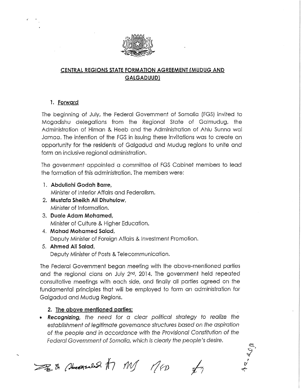 CENTRAL REGIONS STATE FORMATION AGREEMENT Fmudug and GALGA.DUUD)