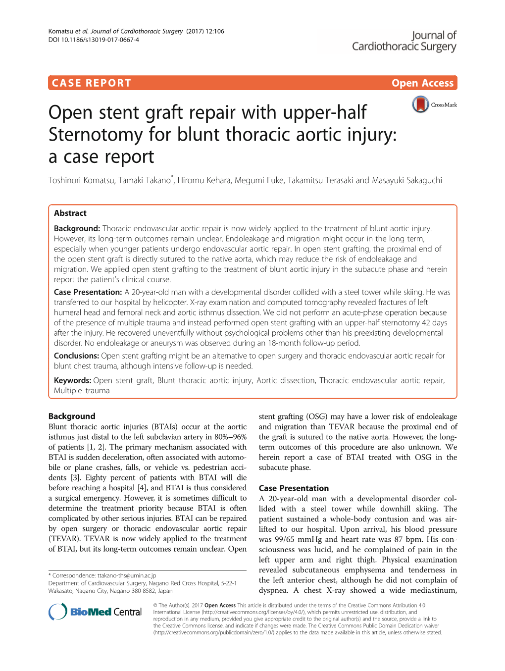 Open Stent Graft Repair with Upper-Half Sternotomy for Blunt Thoracic Aortic